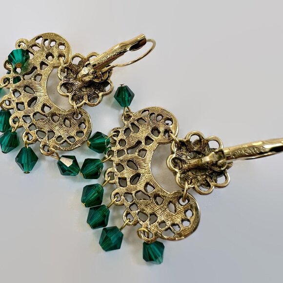 Boho Earrings, Joan River, Gold, Green, Bohemian, Crystal, Rhinestone, Mogul - Picture 4 of 5